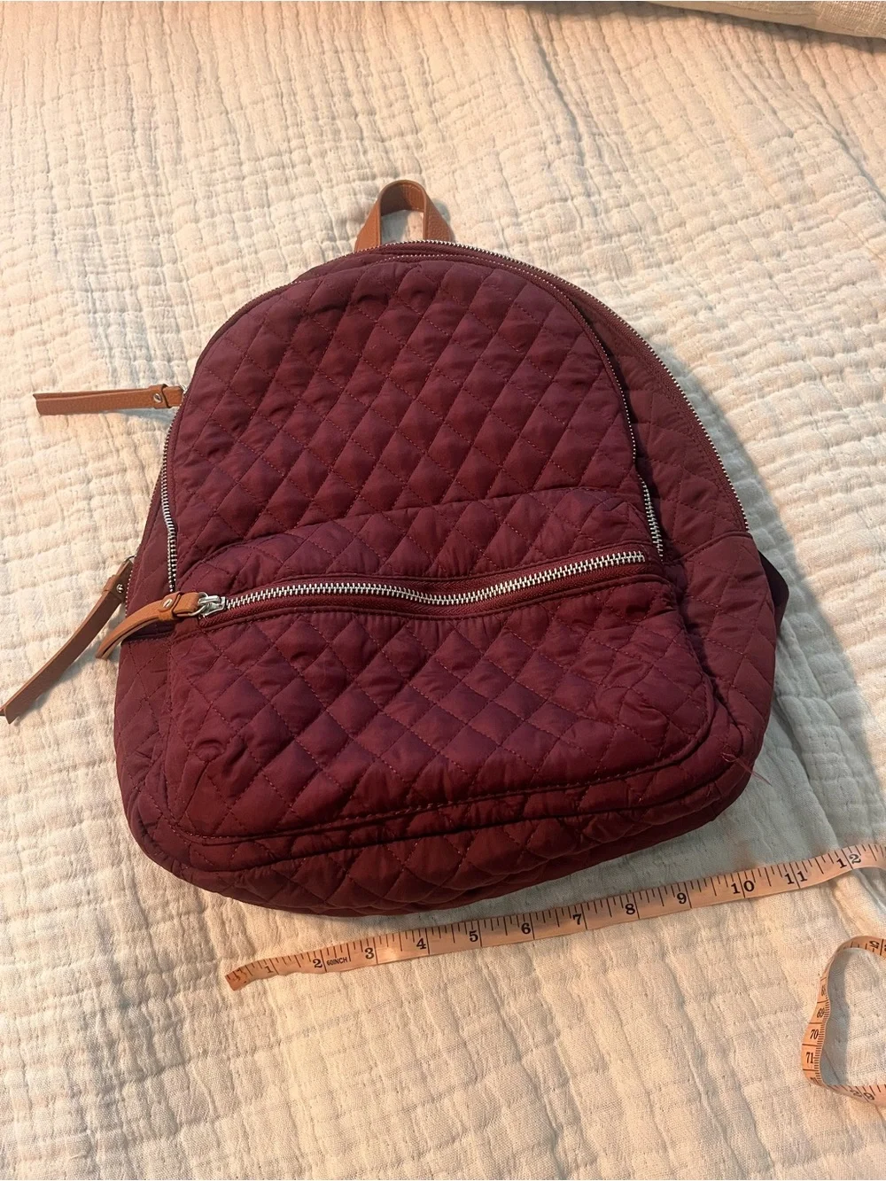 Martha Stewart Quilted Burgundy Backpack with Tan Straps